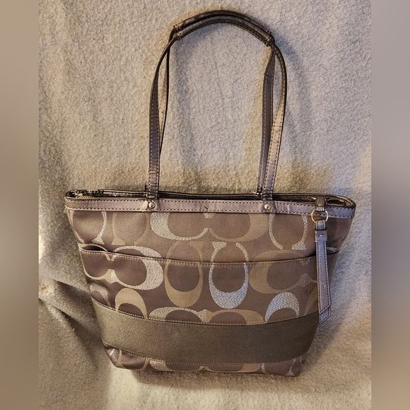 Coach Signature Stripe Metallic Logo Handbag Tote G1276 F20429 - Picture 3 of 16